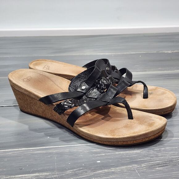 Ugg‎ Maddie Wedge Sandals Leather Cork Black Thongs Slip On Shoes Size 11 - Picture 2 of 11